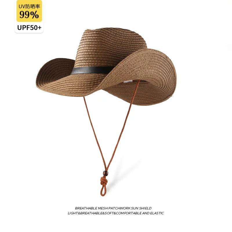 Straw Men's & Women's Adjustable Wide-Brim UV-Protective Cowboy Hat for Outdoor Hiking Summer