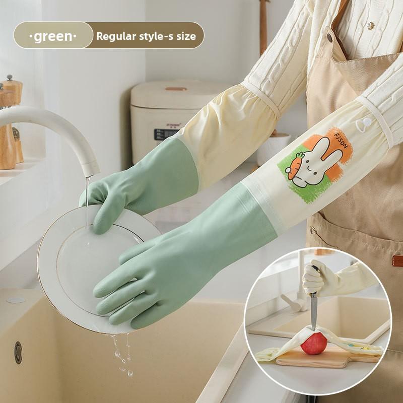 

Waterproof Dishwashing Gloves, Thick Rubber Latex for Washing Vegetables, Long-sleeved, Durable, for Scrubbing Dishes, with Fleece Padding Cute Bunny - S Size