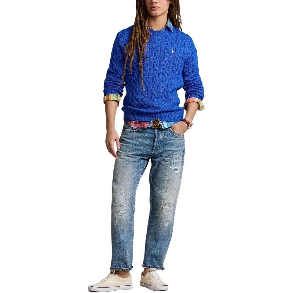 Polo Ralph Lauren SS24 Solid Color Thick Cable Knit Crew Neck Casual Long Sleeve Sweater Men Sweater Cobalt-Blue 710775885-504