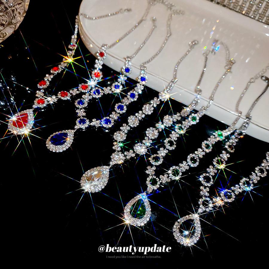 Rhinestone Geometric Flower Water Drop Earring & Necklace Set - Elegant Light Luxury Clavicle Chain