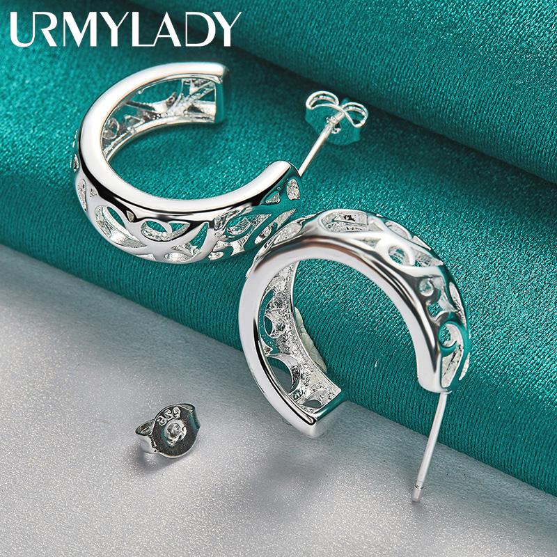 

925 Sterling Silver Semicircle Hollow Plant Stud Earrings For Women Fashion Charm Jewelry Silver