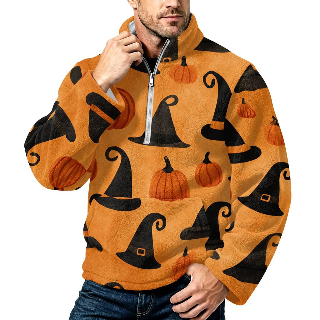 Men's Halloween Print Flannel Zip-Up Sweatshirt with Stand Collar, Plus Size Fall Winter Casual Top
