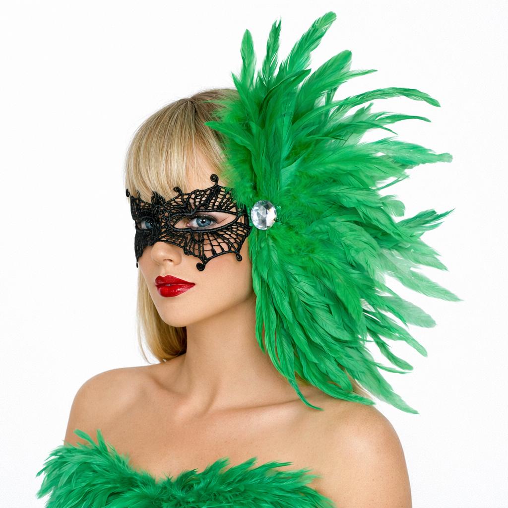 Feather Side Headpiece with Lace Eye Mask for Carnival Parade Masquerade Ball Mardi Gras Party Samba Dance Costume Outfit