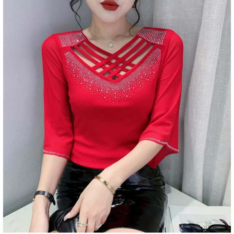 Summer New Women Mesh Tees Tops Fashion Sexy Cross Hollow Out Hot Diamond Half Sleeved Bottoming Shirt Elasticity T-Shirt