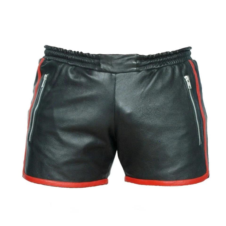 Stylish sheepskin boxer Handmade Gym Summer Men's black leather shorts Real Soft