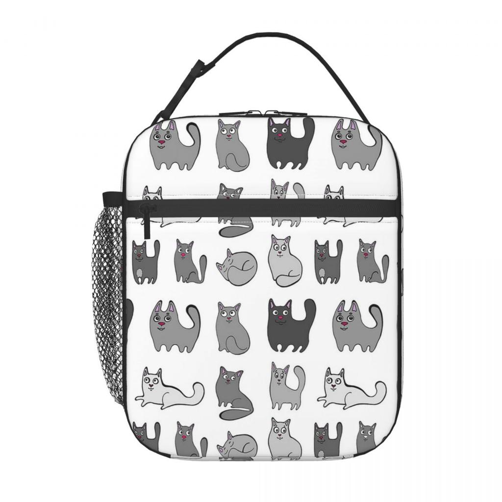Cartoon Graues Kätzchen Muster Isolierte Lunchtasche für Damen Kinder Auslaufsichere Lebensmittelboxen Thermische Lunchbox Tragetasche