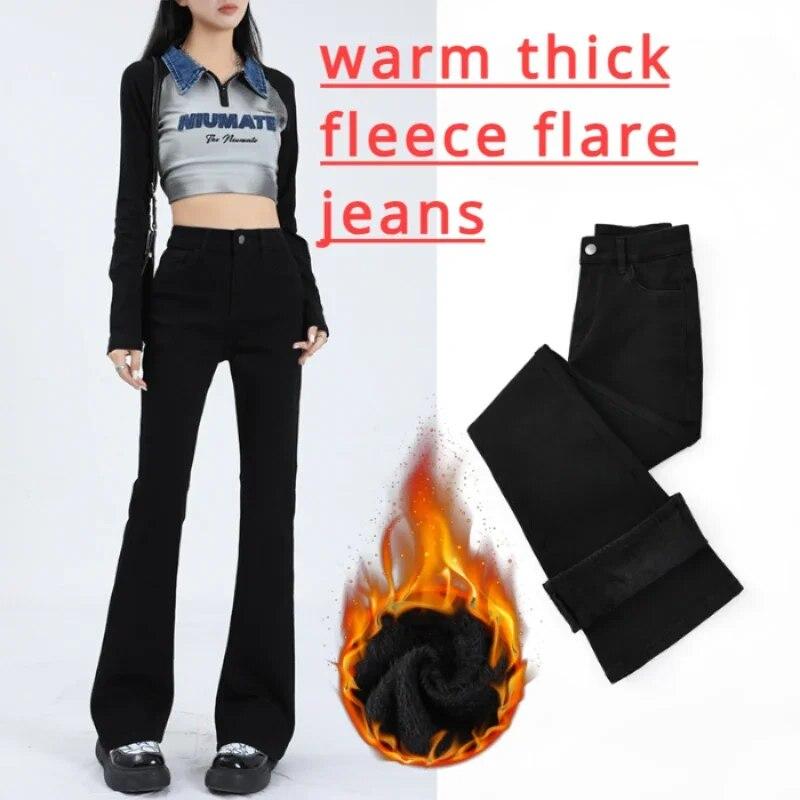 

Зимние теплые флисовые расклешенные джинсы Bootcut с высокой талией, эластичные повседневные джинсовые брюки, большие размеры y2k, толстые черные джинсовые брюки, элегантные 2023