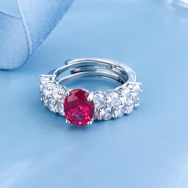 High Carbon Diamond Ruby Two Ring Women's Wide Edition Winged Diamond Pigeon Red Corundum Diamond Ring