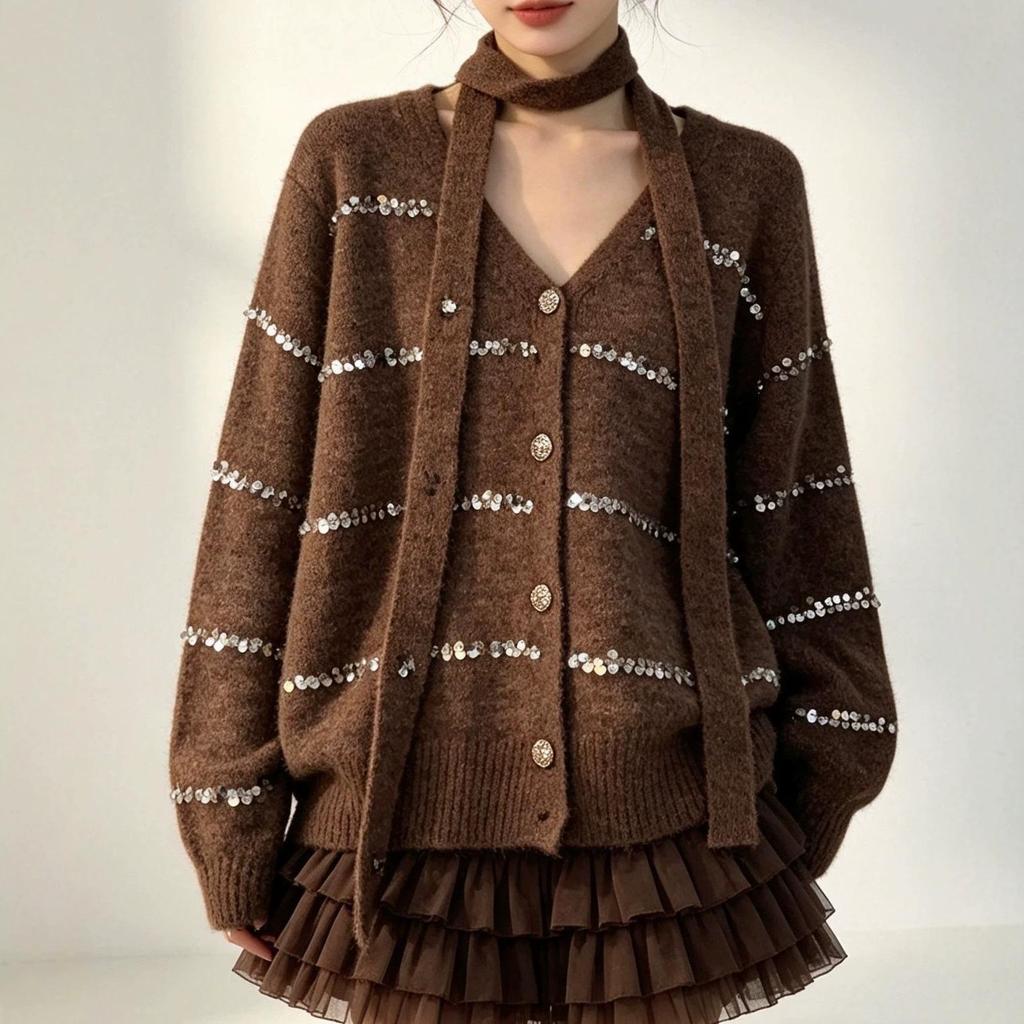 Women's Autumn/Winter Loose Waist-Cinching Fluffy Cardigan - Korean Retro V-Neck with Flowing Ribbon & Sequin Knit