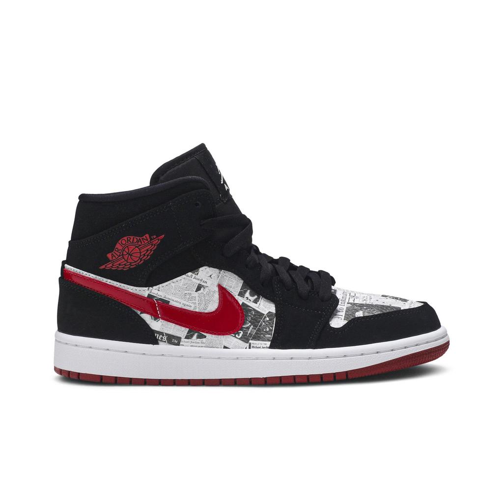 Air Jordan 1 Mid SE 'Newspaper Air Times' (Unisex) Black / Gym Red / White Vintage Basketball Shoes 852542 061