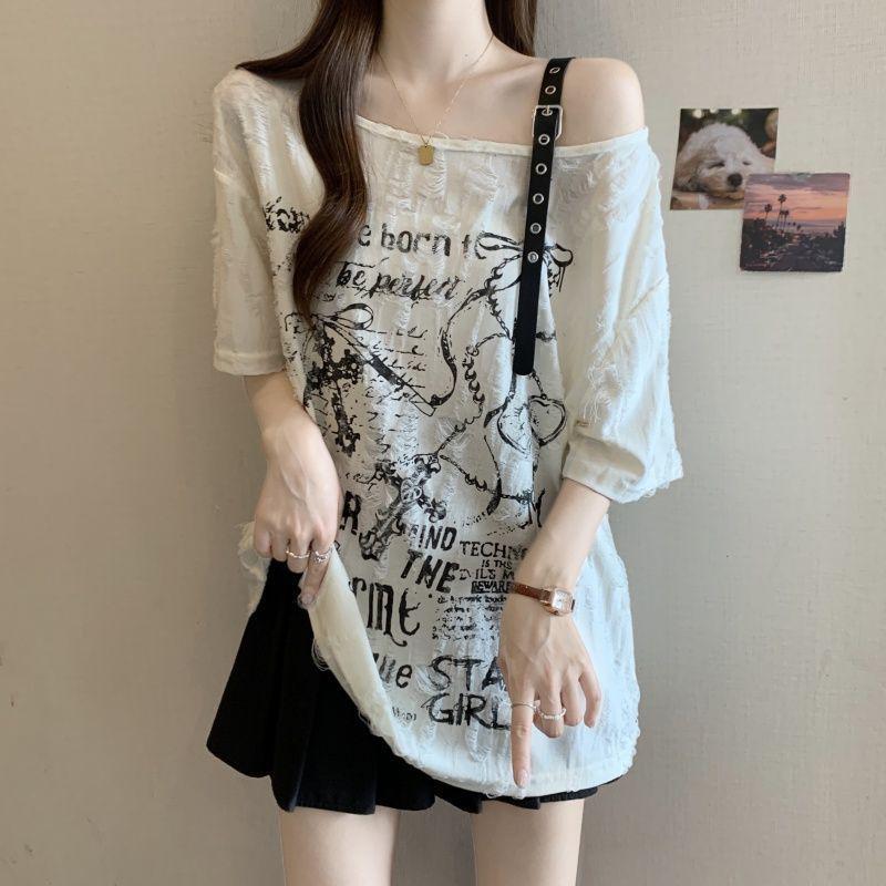Women's Plus Size Distressed One-Shoulder Short-Sleeve T-Shirt - Slimming Summer 2025 Fashion Top
