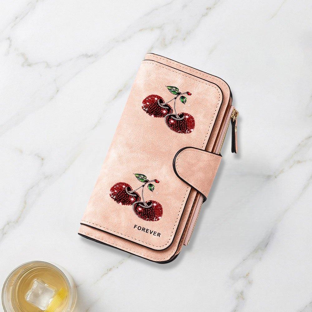 Fashionable long wallet with shiny crystal cherry decoration printed design eye catching multifunctional portable coin purse with clasp large