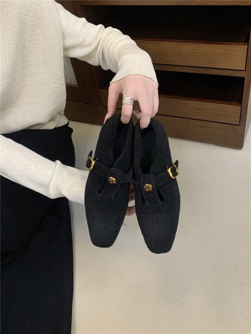 Xiaoxiangfeng camellia Mary Jane shoes thick heel fluffy shoes velvet T-button single shoes 35