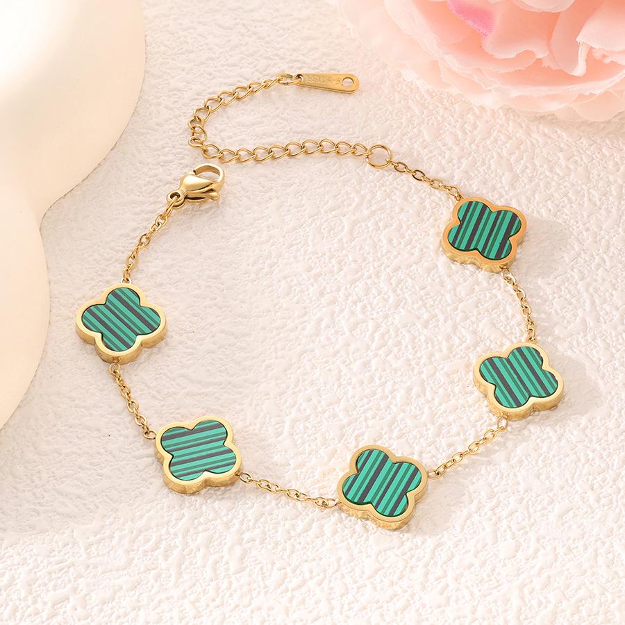 18k Gold-Plated Titanium Steel Four-Leaf Clover Bracelet with Mother-of-Pearl for Women
