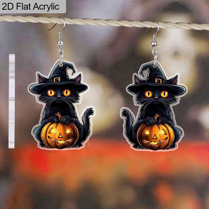 2D Flache Niedliche Acryl Halloween Schwarze Katze Kürbis Hängeohrringe Damen Herbst Kürbis Accessoires Anhänger Schmuck Geschenke