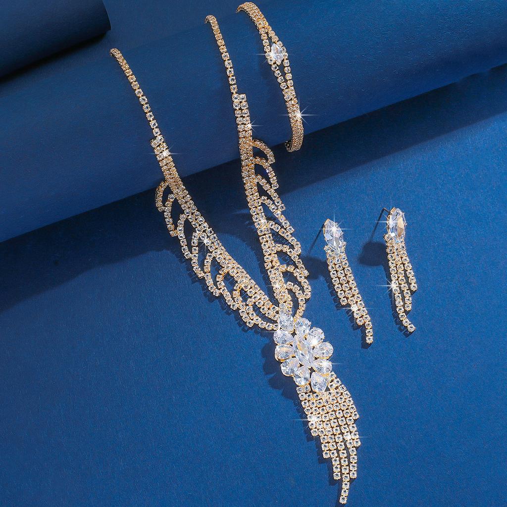 Vintage Full Diamond Zircon Fringed Collarbone Necklace Earrings Set Claw Chain Rhinestone Dress Necklace Women