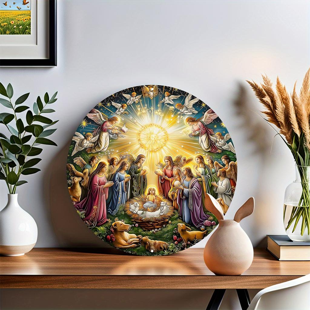 Afiș rotund din lemn cu scena Nașterii din lemn - Decorațiune cu ghirlande Iisus și îngeri, semn de rezistență imprimat HD pentru casă, bar, cafenea