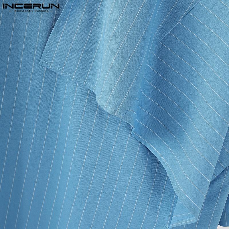INCERUN Men Stand Neck Half Sleeve Irregular Front Cross Striped Casual Shirts Tops