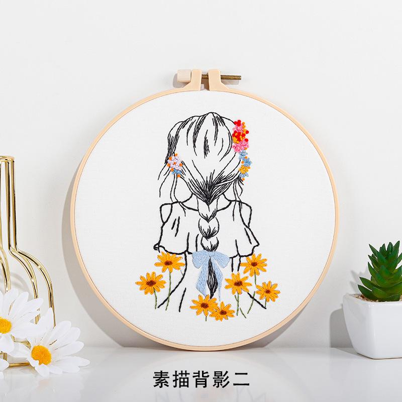 New Diy Handmade Embroidery Material Bag, European Simple Sketch Girl Back, Needle And Thread Set
