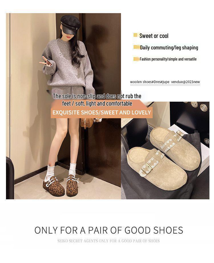 Thick-Soled Fleece-Lined Retro Birkenstock Women's Furry Round-Toe Slippers for Autumn/Winter