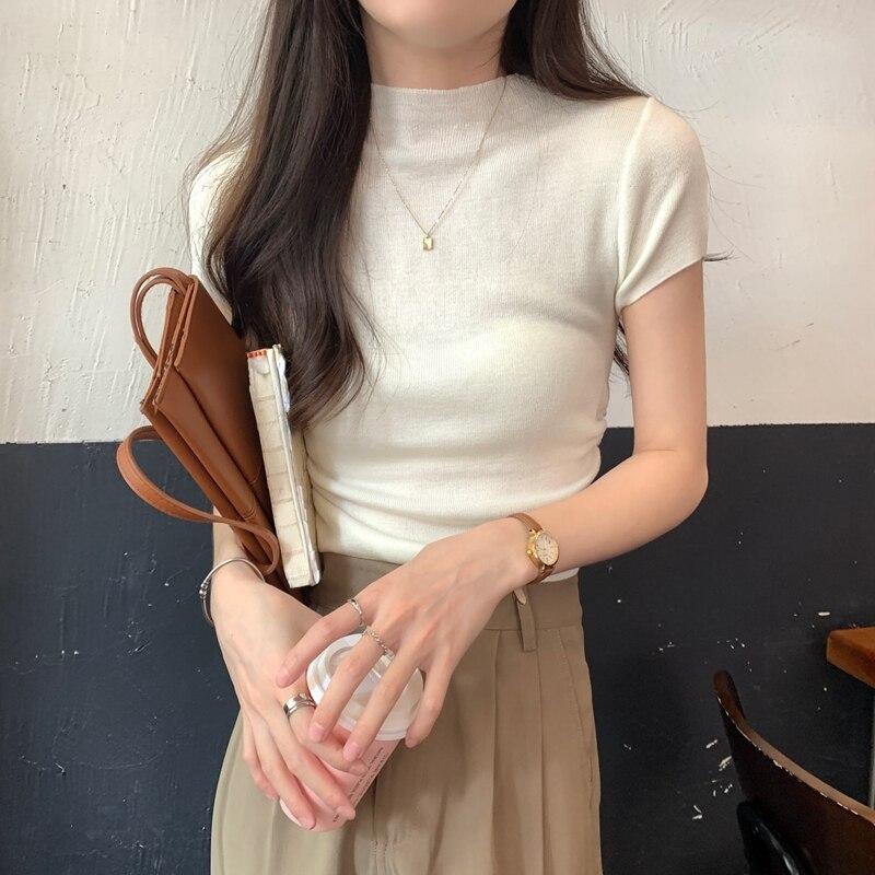 Sommer Plissee Gestrickte Frauen Blusen Kurzarm Dünne Beiläufige Hemd Weibliche Mode Solide Cropped Tops Frauen Kleidung 25243