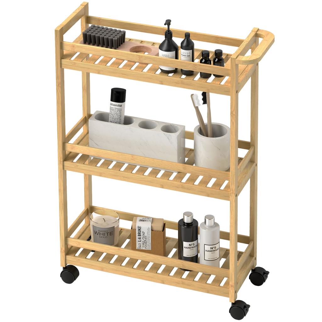 Serving Cart, 3 Tiers, Slatted Shelves, Fall Protection, Bamboo, 55 x 20 x 75 cm