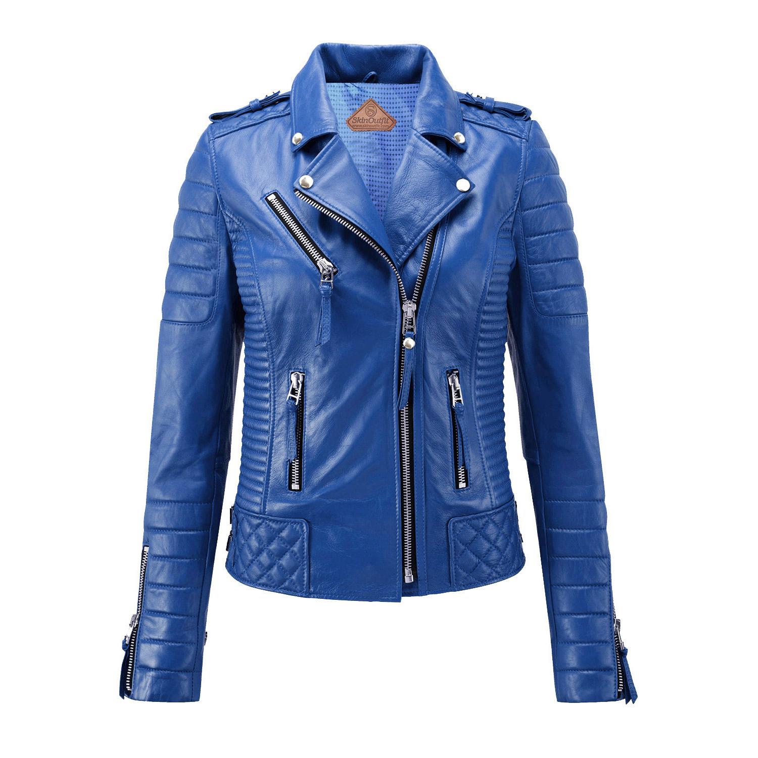 

SKINOUTFIT Women s Motorcycle Leather Jacket Genuine Royal Blue Lambskin Cafe Racer Biker Outerwear L синій