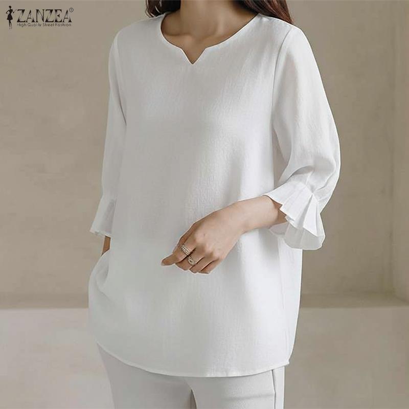 ZANZEA Women Casual V-Neck Solid Color Loose 3/4 Sleeve Blouse