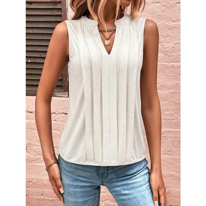 Women Sleeveless V Neck Pleated Summer Casual Elegant Top S