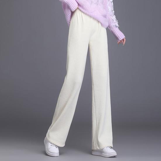Women Winter Pants Elastic High Waist Straight Wide Leg Velvet Lining Long Pants Solid