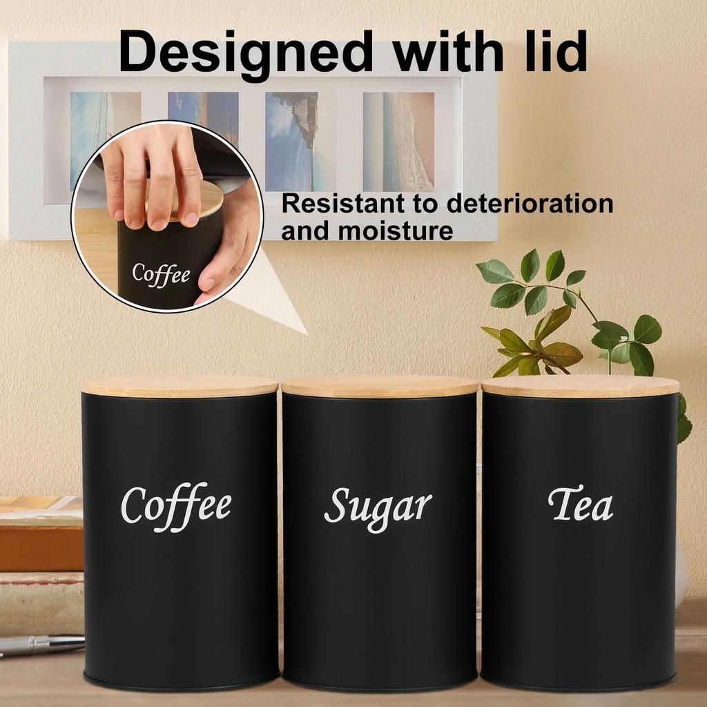 3Pcs Food Storage Canisters Iron Tea Sugar Coffee Canisters with Bamboo Lid Versatile Tea Coffee Sugar Canister for Sugar Tea