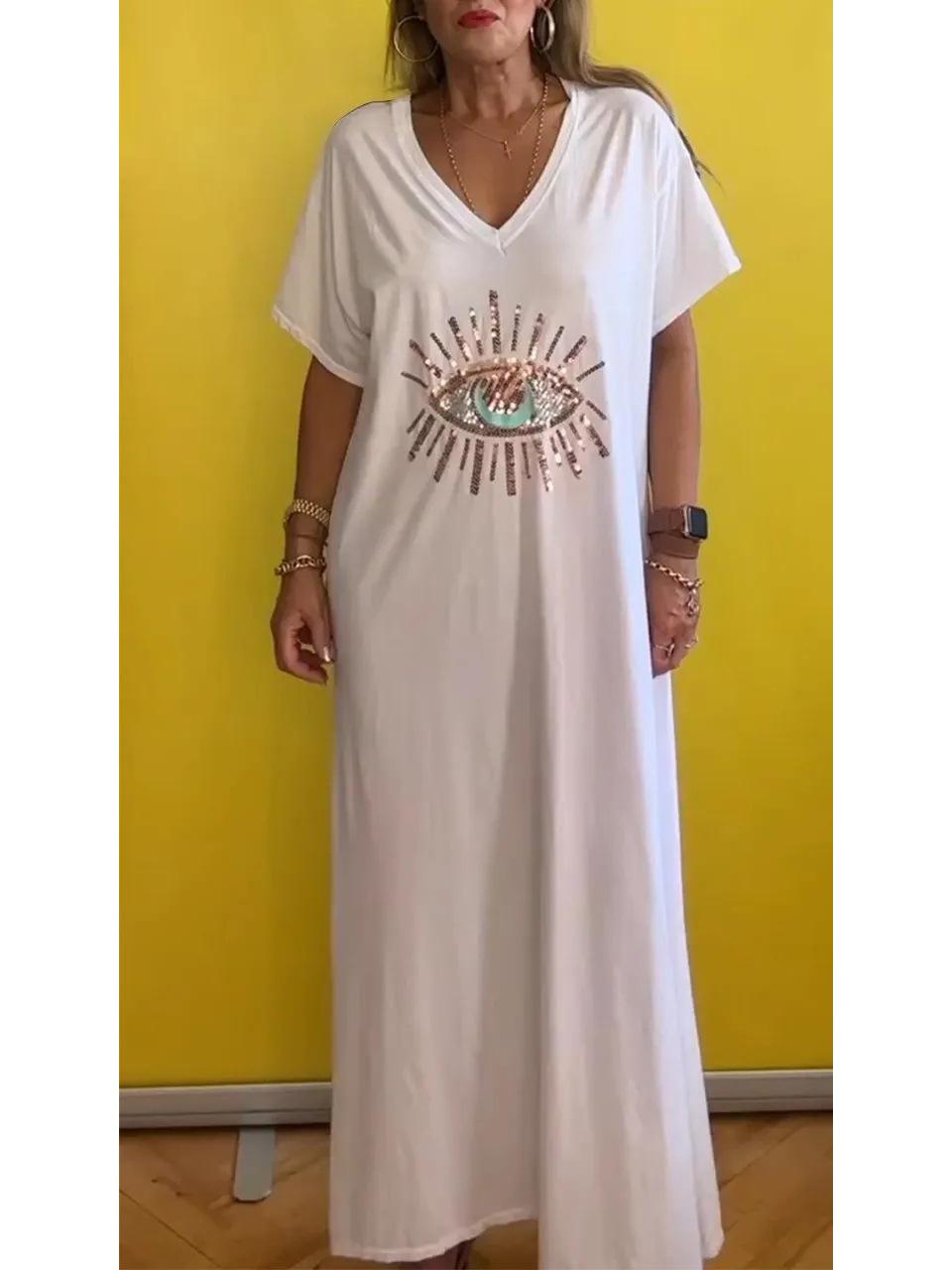 

2024 Printed Solid Color Loose Plus Size Maxi Dress with Short Sleeves for Women XXXL білий