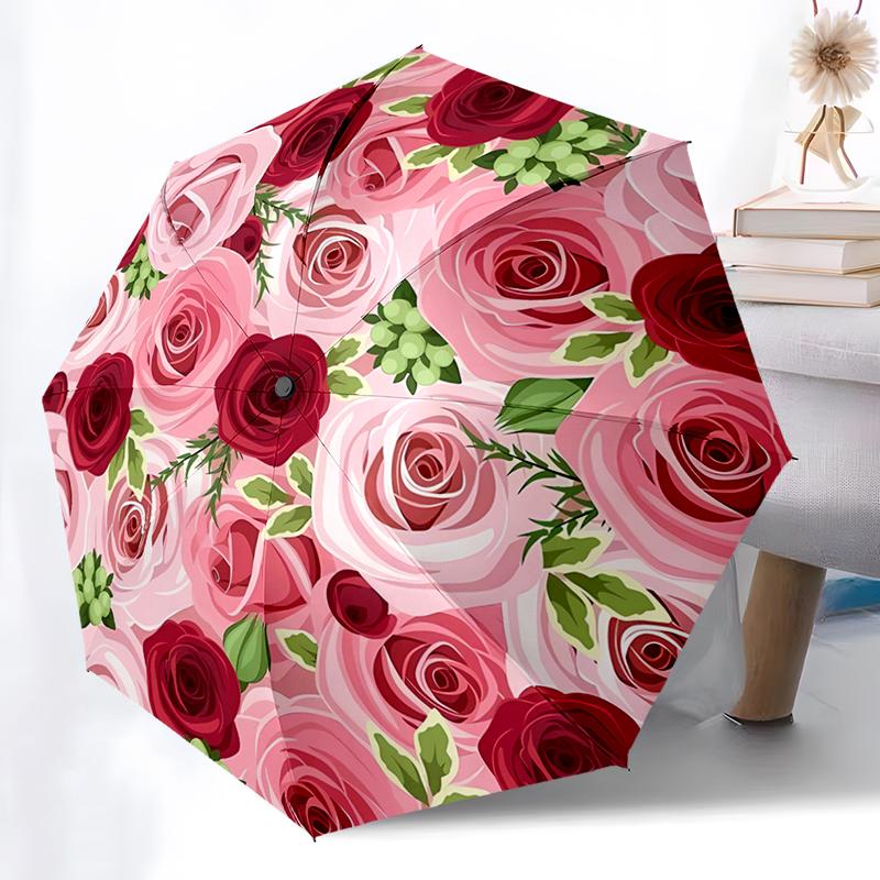 Flower Theme Folding Umbrella - Fashionable Auto-Open Design 8 Iron Ribs Plastic Handle Foldable Sunshade Perfect Christmas Gift