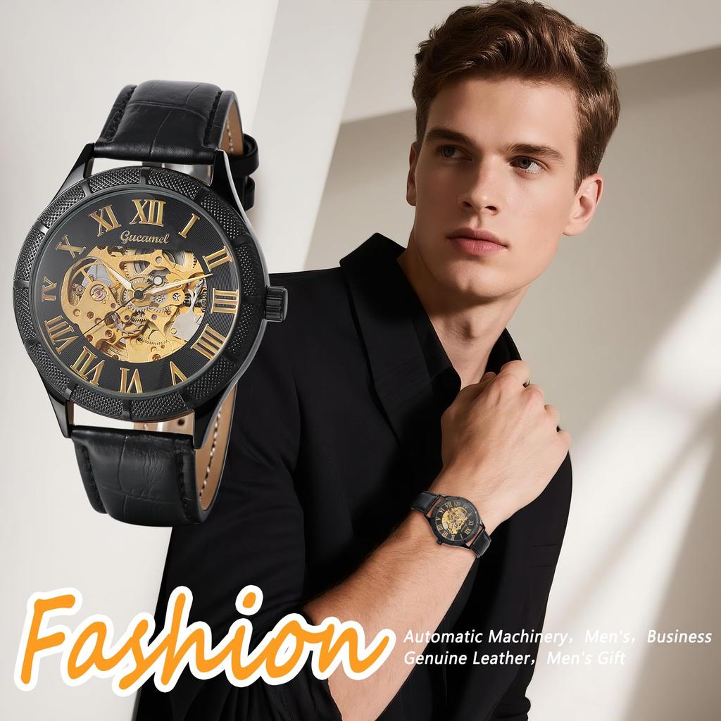 Relógio Automático Negócios Pulseira de Couro Masculino Aço Inoxidável Números Romanos Luminoso Estilo Engrenagem Formal Uso Diário À Prova d'Água Resistente à Chuva Presente