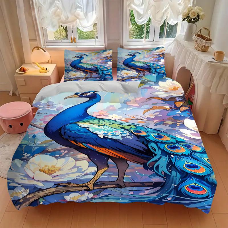 3pcs Peacock Feather Duvet Cover Set, Soft Comfortable Duvet Cover,Guest Room (1*Duvet Cover + 2*Pillowcase, Without Core) yy251104141