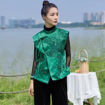 Gilet Giacca Stile Cinese Donna Primavera Estate Tendenza Nazionale Retrò Ricamo Cicogna Bianca Allacciatura Top Gilet Stile Cinese