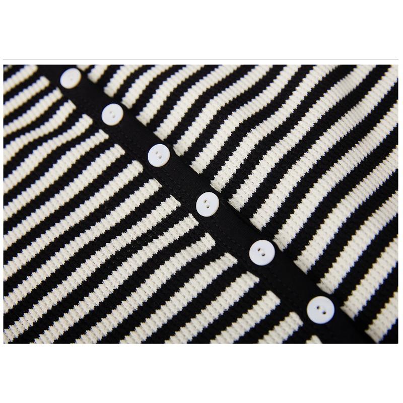Women S Long Sleeve Striped T Shirt High Waist Short Style With Shell Buttons