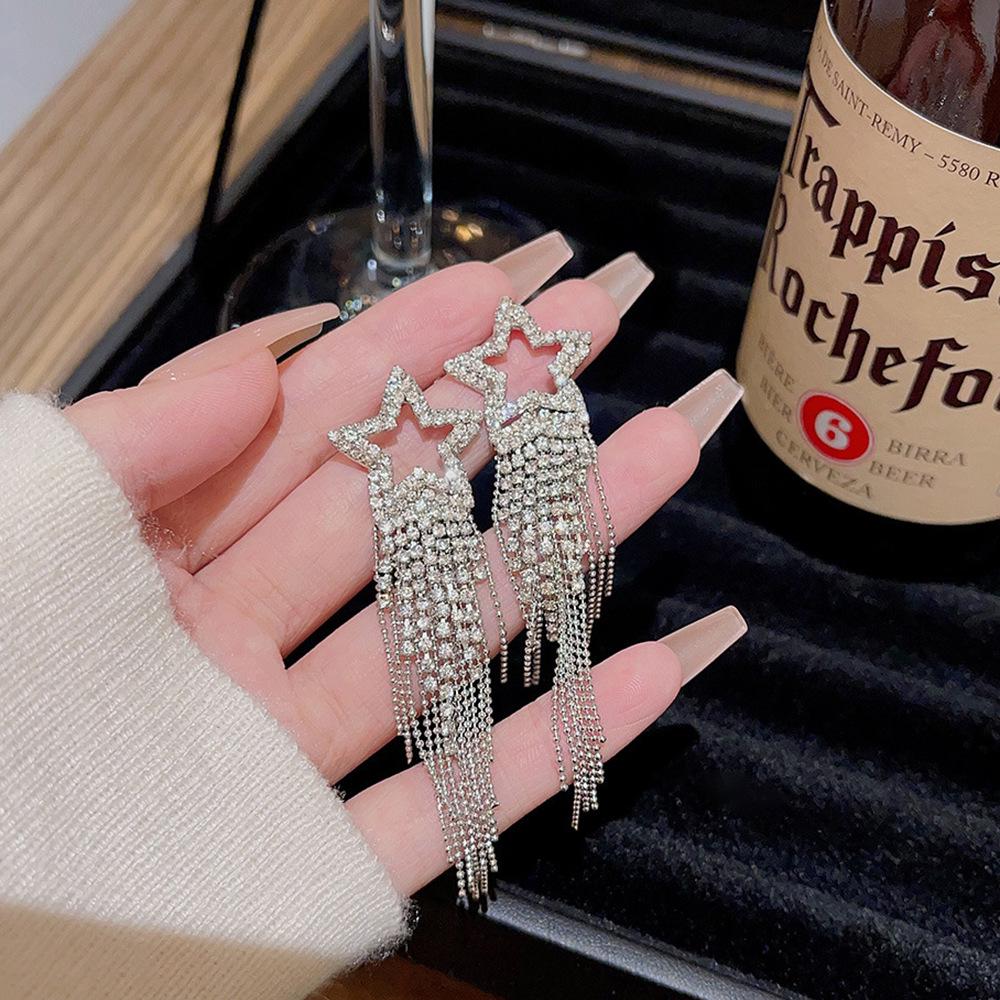 Sterling Silver Star Tassel Earrings - Elegant Studs with High-End Luxury Feel, Full Diamond Design, New Style, Celebrity-Inspired Accessories.