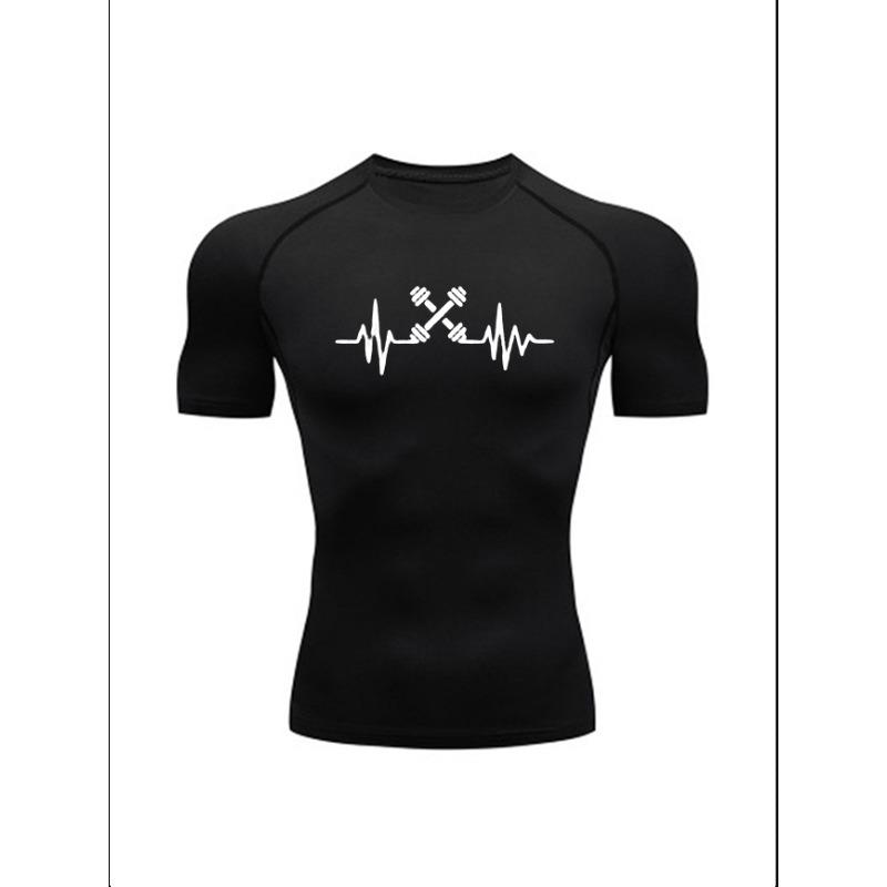 Men'S Grey Crossed Dumbbell Heartbeat Print Compression T-Shirt, Quick Dry Short Sleeve Gym Workout Tee, Muscle Fit Athletic Training Top for Men