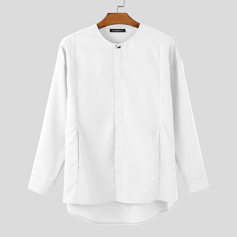 INCERUN Мужские рубашки с длинным рукавом без воротника, однотонные, повседневные, с асимметричным подолом, свободного кроя 4XL белый