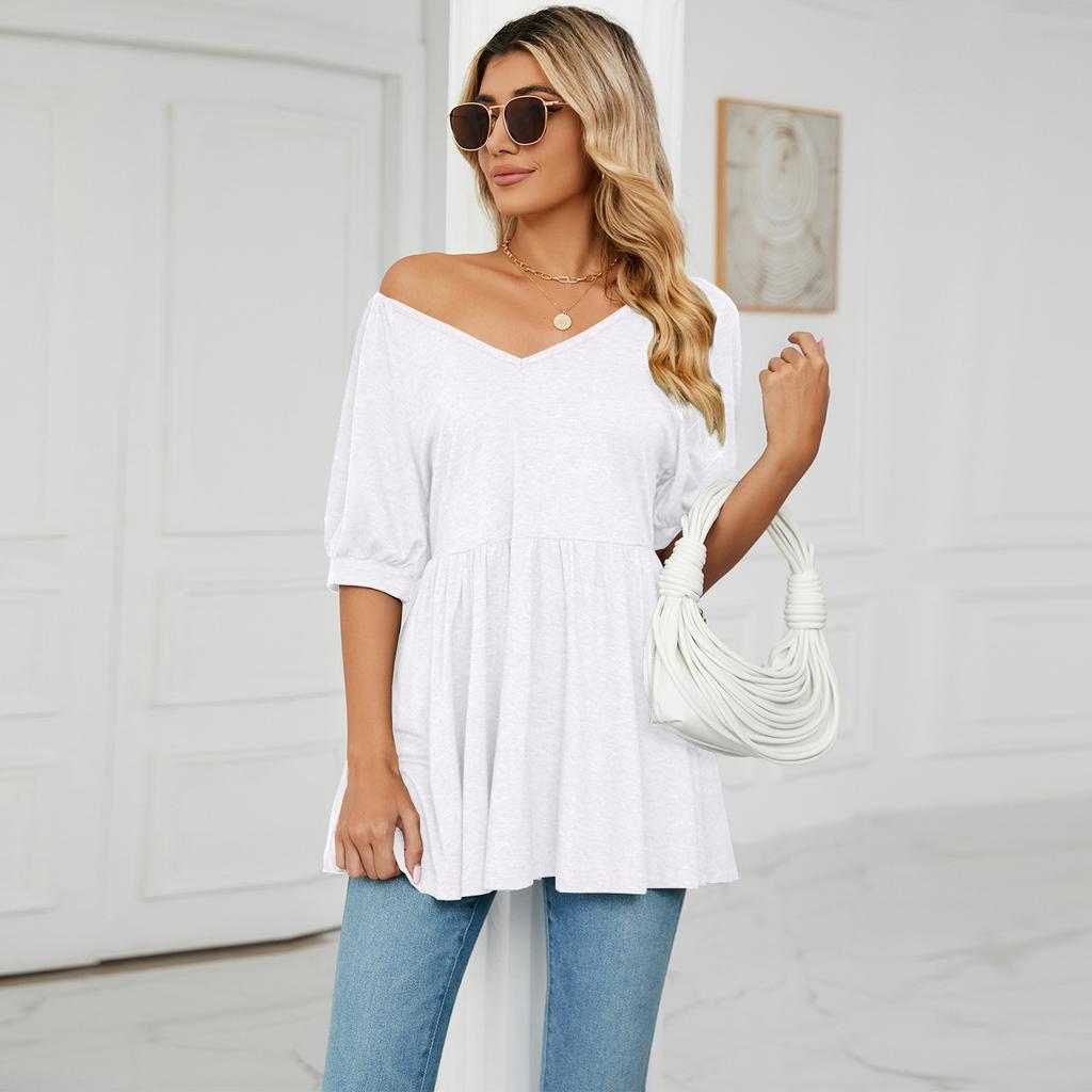 GMXIA Women's Fashion Casual Solid Color Print Short Sleeve V Neck Blouses & Shirts