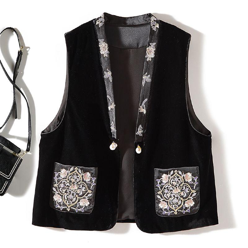 

Golden Silk Color Embroidered Placket! Chinese Style Elite Women s V-neck Small Stand Collar I-Shaped Gold Velvet Vest Fall Winter Coat Black L