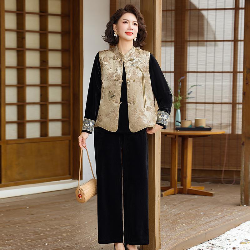 

Elegant Golden Velvet Spring & Autumn Three-piece Suit: Chinese Style Print Vest & Wide-leg Pants for Middle-aged Women XL (90-105 jin) жёлтый