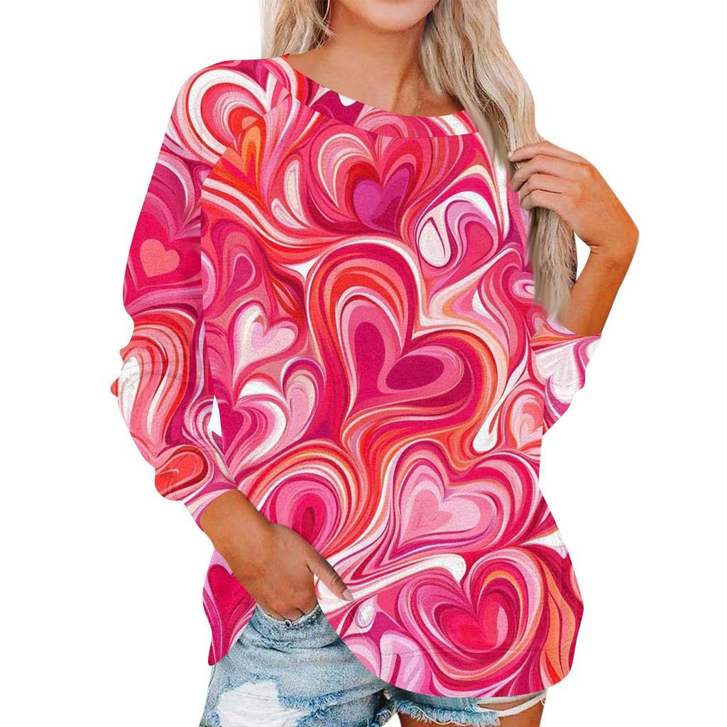 Women's Fashionable Round Neck Shoulder Long Sleeved Valentine's Day Printed Casual Pullover Top