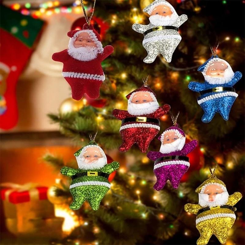 6Pcs Simulation Santa Pendant Mini Santa Claus Diy Colorful Doll Glittering Hanging Christmas Tree Ornament New Year Party Decor