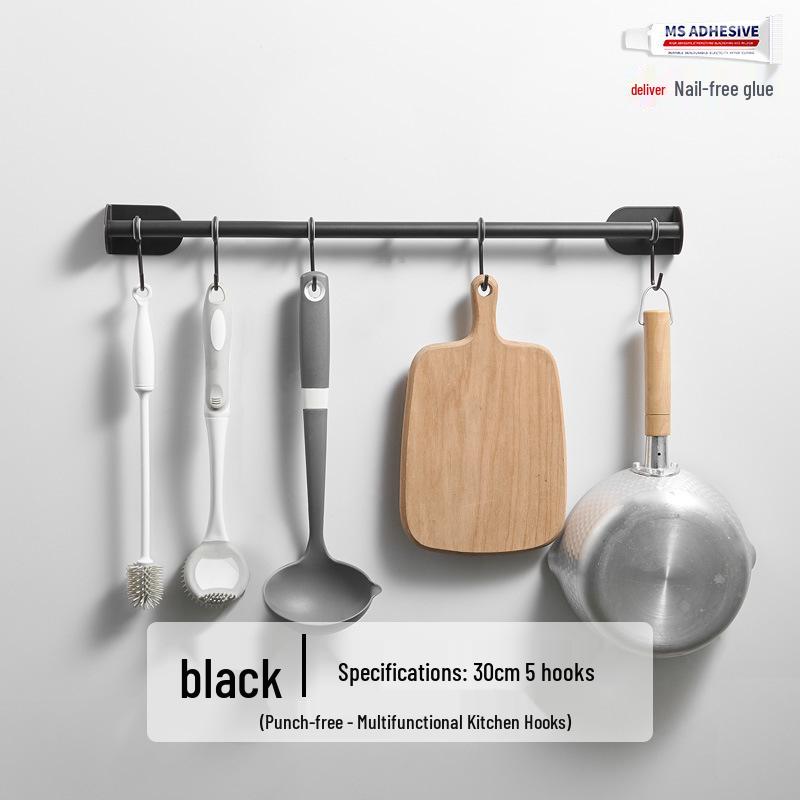 Stainless Steel No-Drill Wall-Mounted Kitchen & Bathroom Utensil Rack with Movable Hooks