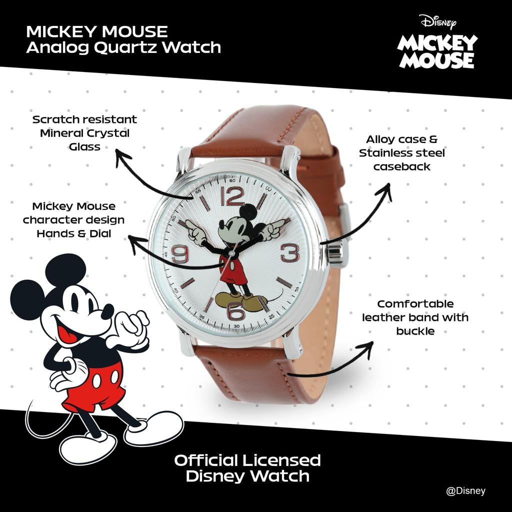 Disney Men's Mickey Mouse Watch Black Band Brown Leather