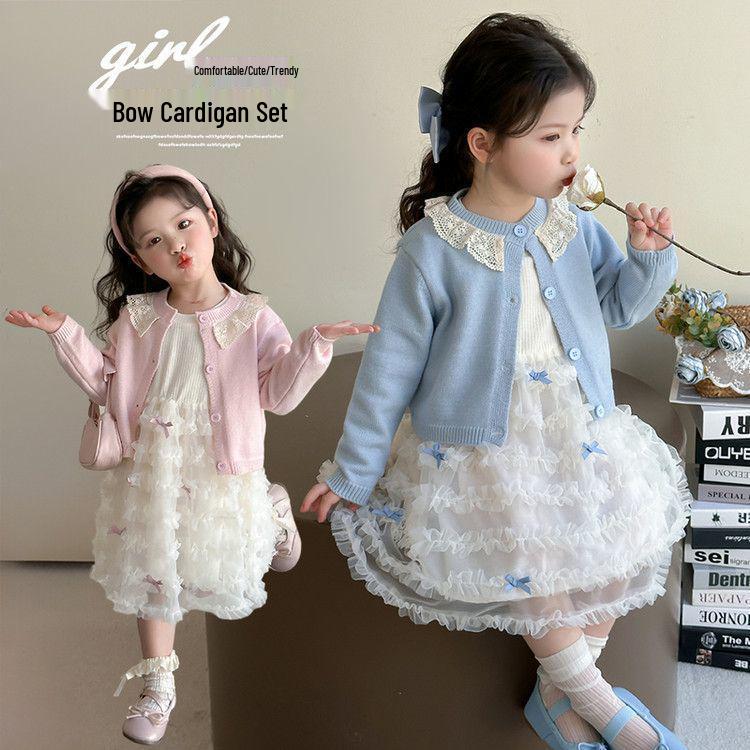 Girls' Spring & Autumn Cardigan Princess Dress Set 2025 - Sweet Two-Piece Outfit for Kids