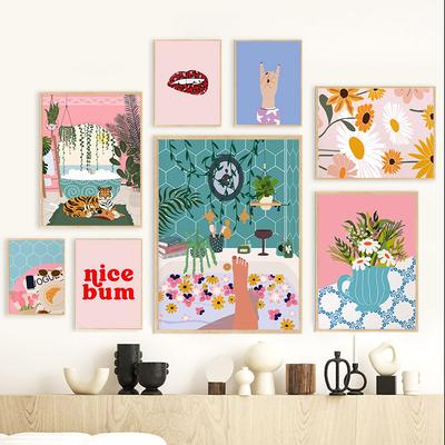 Mädchen Tiger Blatt Vase Blumen Abstrakt Landschaft Poster und Drucke Wandkunst Leinwand Malerei Bilder Für Wohnzimmer Heimdeko