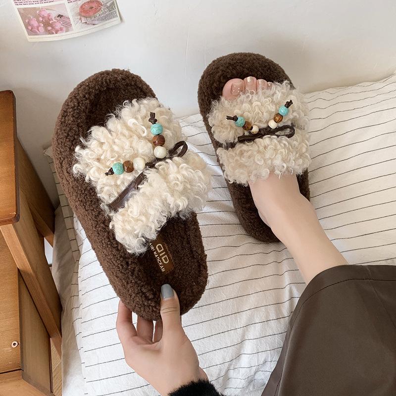 Retro thick-soled fluffy slippers women's outer wear 2025 autumn and winter new Korean version comfortable one-word bow women's slippers